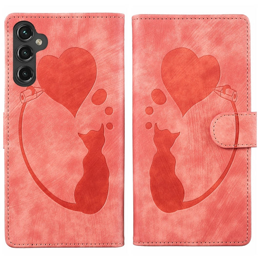 For Samsung Galaxy S25+ 5G Pen Heart Cat Embossed Leather Phone Case(Orange) - Galaxy S25+ 5G Cases by PMC Jewellery | Online Shopping South Africa | PMC Jewellery | Buy Now Pay Later Mobicred