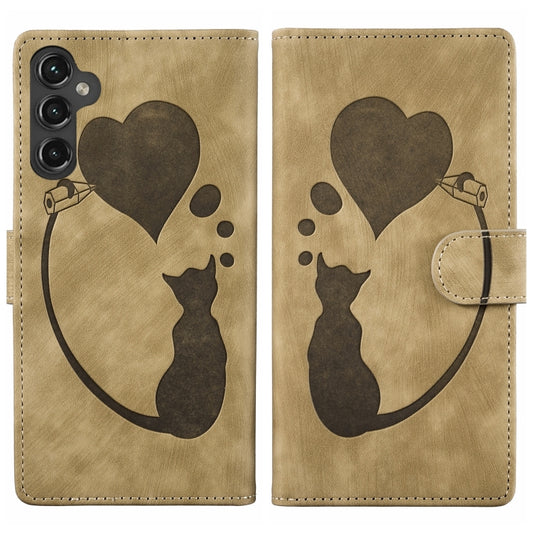 For Samsung Galaxy S25+ 5G Pen Heart Cat Embossed Leather Phone Case(Apricot) - Galaxy S25+ 5G Cases by PMC Jewellery | Online Shopping South Africa | PMC Jewellery | Buy Now Pay Later Mobicred