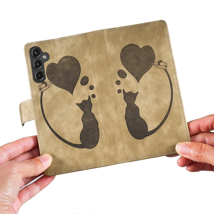 For Samsung Galaxy S25+ 5G Pen Heart Cat Embossed Leather Phone Case(Apricot) - Galaxy S25+ 5G Cases by PMC TechLife | Online Shopping South Africa | PMC TechLife | Buy Now Pay Later Mobicred