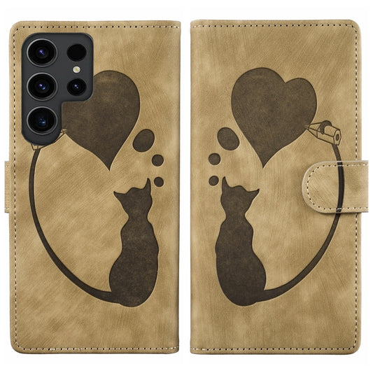 For Samsung Galaxy S25 Ultra 5G Pen Heart Cat Embossed Leather Phone Case(Apricot) - Galaxy S25 Ultra 5G Cases by PMC Jewellery | Online Shopping South Africa | PMC Jewellery | Buy Now Pay Later Mobicred