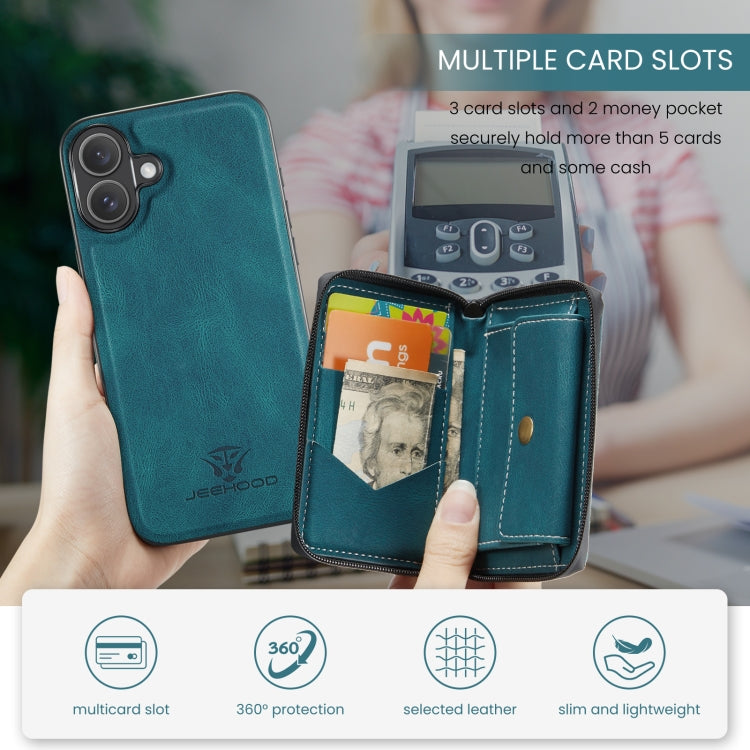 For iPhone 16 Plus JEEHOOD J02 Magnetic Zipper Horizontal Flip Leather Phone Case(Blue) - free shipping - PMC Jewellery - Order now!
