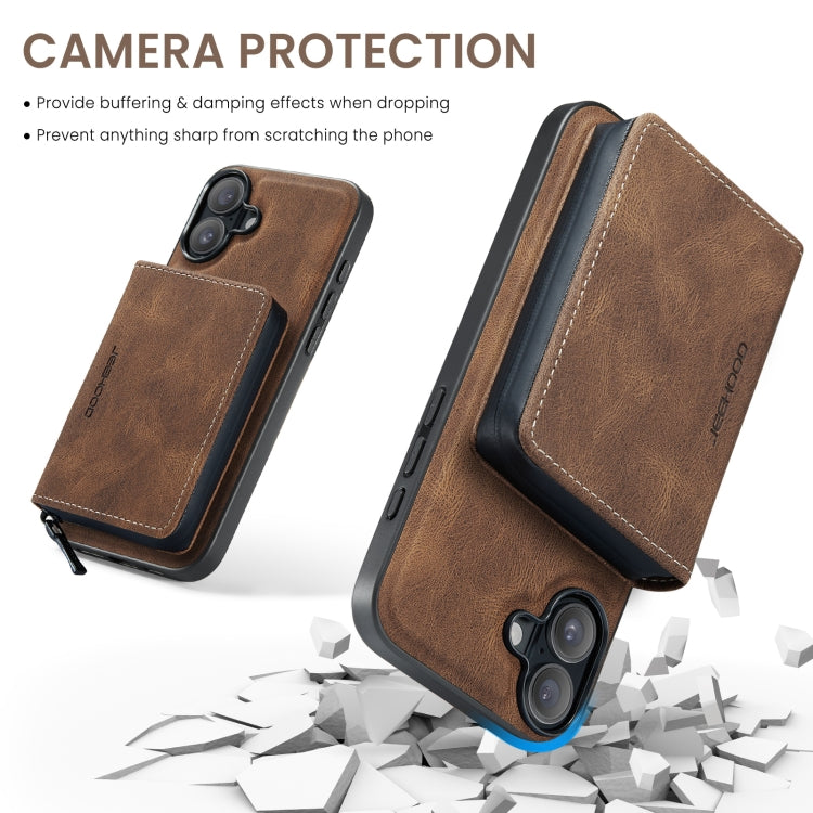 For iPhone 16 JEEHOOD J02 Magnetic Zipper Horizontal Flip Leather Phone Case(Brown) - iPhone 16 Cases by JEEHOOD | Online Shopping South Africa | PMC Jewellery | Buy Now Pay Later Mobicred