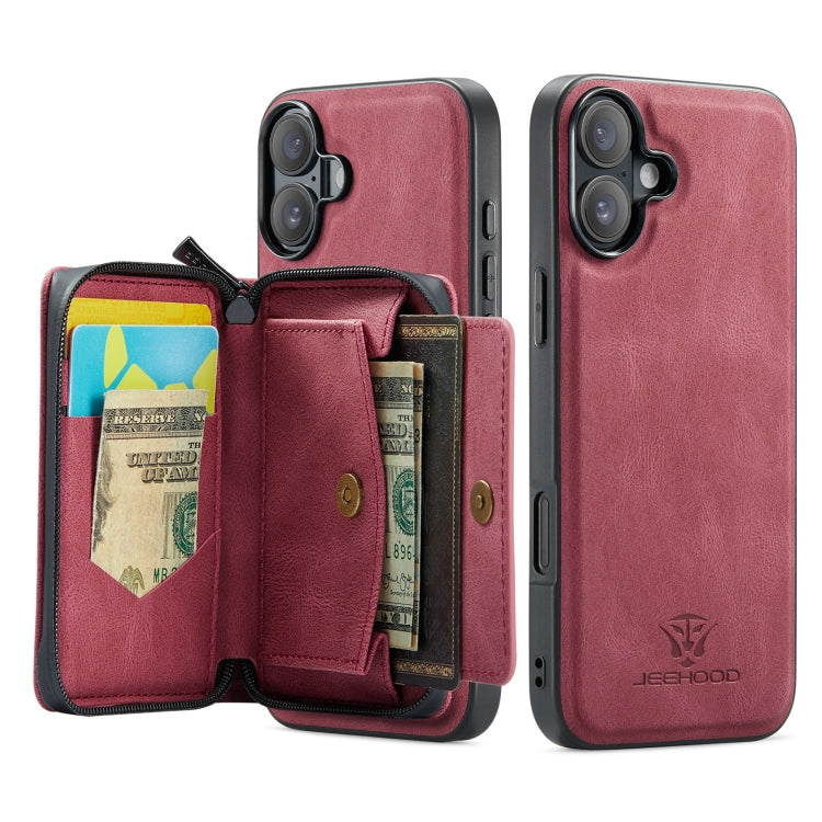 For iPhone 16 JEEHOOD J02 Magnetic Zipper Horizontal Flip Leather Phone Case(Red) - free shipping - PMC Jewellery - Order now!