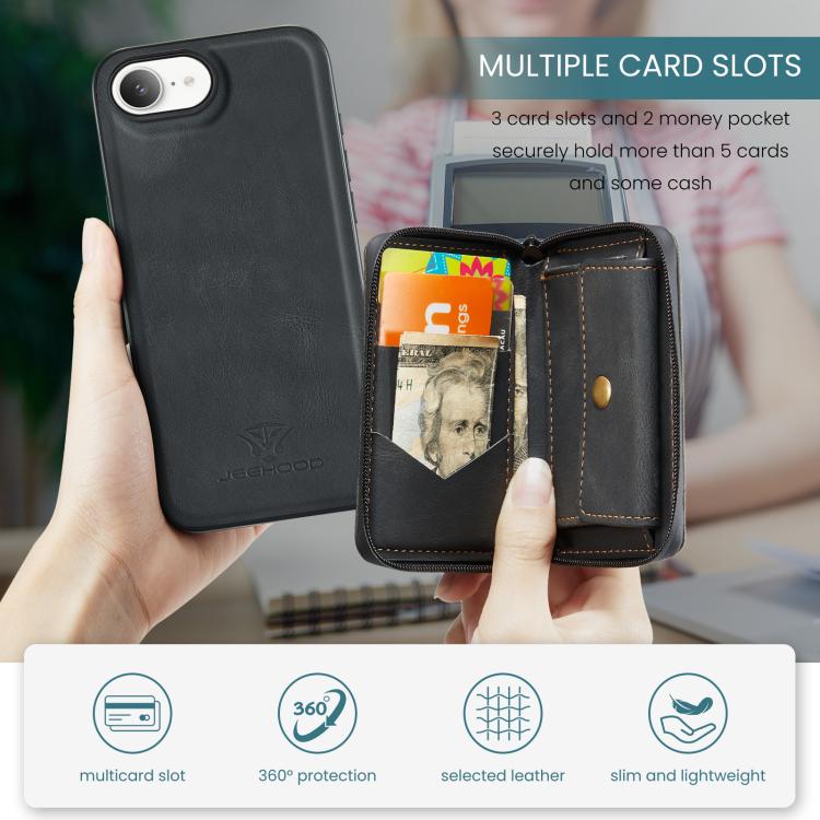 For iPhone 16e JEEHOOD J02 Magnetic Zipper Horizontal Flip Leather Phone Case(Black) - free shipping - PMc TechLife - Order now!