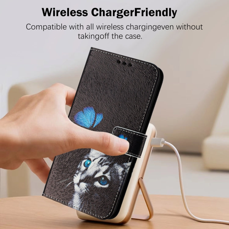 For iPhone 16e Art Colored Drawing Pattern Leather Phone Case(Butterfly cat) - iPhone 16e Cases by PMC TechLife | Online Shopping South Africa | PMC TechLife | Buy Now Pay Later Mobicred