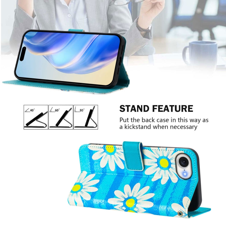 For iPhone 16e Art Colored Drawing Pattern Leather Phone Case(Blue daisy) - iPhone 16e Cases by PMC TechLife | Online Shopping South Africa | PMC TechLife | Buy Now Pay Later Mobicred