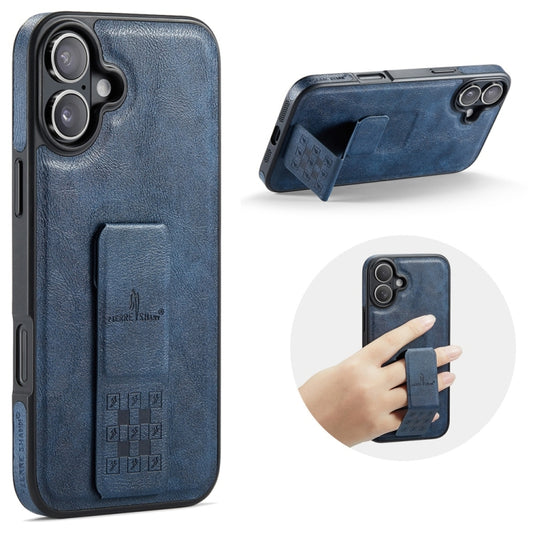 For iPhone 16 Plus Fierre Shann Oil Wax Cow Leather Holder Back Phone Case(Blue) - iPhone 16 Plus Cases by FIERRE SHANN | Online Shopping South Africa | PMC Jewellery | Buy Now Pay Later Mobicred