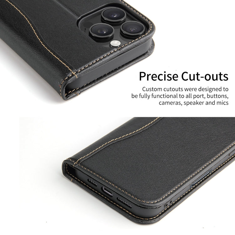 For iPhone 16 Pro Fierre Shann Cowhide Leather Flip Leather Phone Case(Black) - free shipping - PMC Jewellery - Order now!