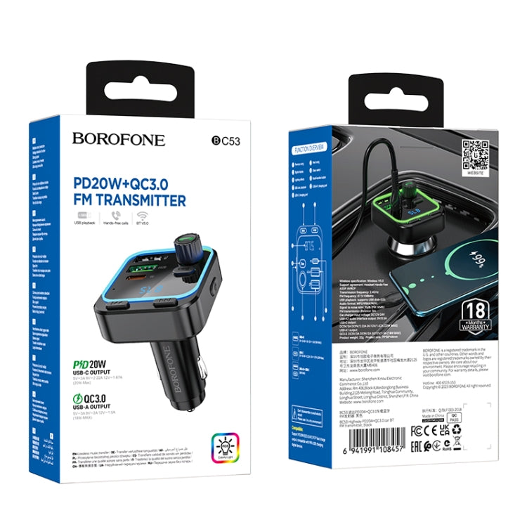 Borofone BC53 Highway PD20W & QC3.0 Car Bluetooth FM Transmitter(Black) - Bluetooth Adapters by Borofone | Online Shopping South Africa | PMC Jewellery | Buy Now Pay Later Mobicred