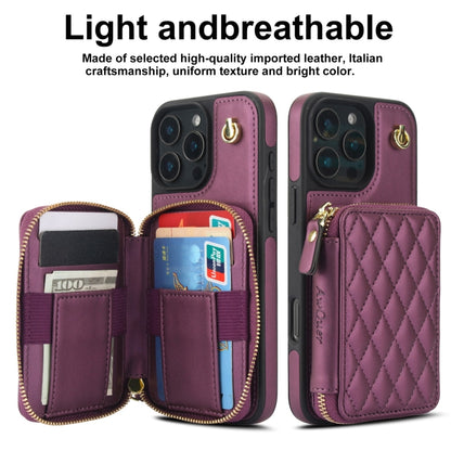 For iPhone 16 Pro Max AwQuer Crossbody Zipper Wallet Rhombic Leather Back Phone Case(Dark Purple) - iPhone 16 Pro Max Cases by Awquer | Online Shopping South Africa | PMC Jewellery | Buy Now Pay Later Mobicred