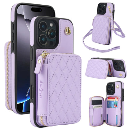 For iPhone 16 Pro Max AwQuer Crossbody Zipper Wallet Rhombic Leather Back Phone Case(Purple) - iPhone 16 Pro Max Cases by Awquer | Online Shopping South Africa | PMC Jewellery | Buy Now Pay Later Mobicred