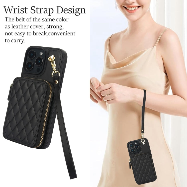 For iPhone 16 Pro AwQuer Crossbody Zipper Wallet Rhombic Leather Back Phone Case(Black) - free shipping - PMC Jewellery - Order now!