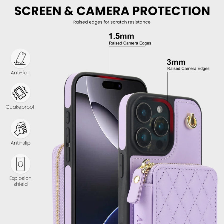 For iPhone 16 Pro AwQuer Crossbody Zipper Wallet Rhombic Leather Back Phone Case(Purple) - iPhone 16 Pro Cases by Awquer | Online Shopping South Africa | PMC Jewellery | Buy Now Pay Later Mobicred