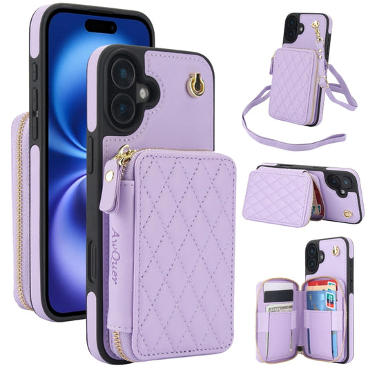 For iPhone 16 Plus AwQuer Crossbody Zipper Wallet Rhombic Leather Back Phone Case(Purple) - iPhone 16 Plus Cases by Awquer | Online Shopping South Africa | PMC Jewellery | Buy Now Pay Later Mobicred