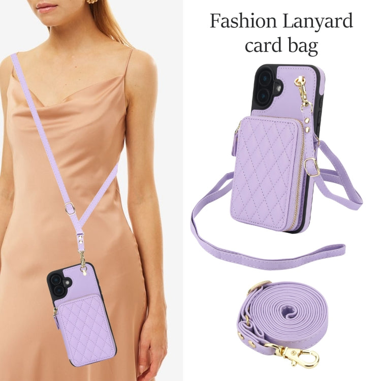 For iPhone 16 Plus AwQuer Crossbody Zipper Wallet Rhombic Leather Back Phone Case(Purple) - iPhone 16 Plus Cases by Awquer | Online Shopping South Africa | PMC Jewellery | Buy Now Pay Later Mobicred