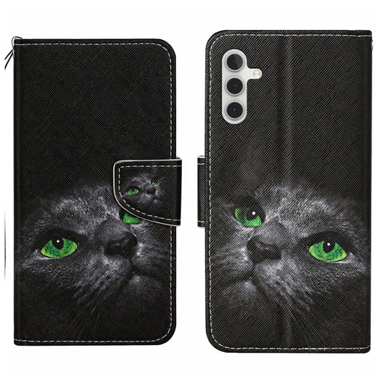 For Samsung Galaxy S25 5G Colored Drawing Pattern Leather Phone Case(Black Cat) - Galaxy S25 5G Cases by PMC Jewellery | Online Shopping South Africa | PMC Jewellery | Buy Now Pay Later Mobicred