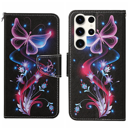 For Samsung Galaxy S25 Ultra 5G Colored Drawing Pattern Leather Phone Case(Fluorescent Butterfly) - Galaxy S25 Ultra 5G Cases by PMC Jewellery | Online Shopping South Africa | PMC Jewellery | Buy Now Pay Later Mobicred