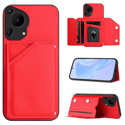 For Huawei Pura 70 Ultra Skin Feel Four Card Slots Phone Case with Wrist Strap(Red) - Huawei Cases by PMC Jewellery | Online Shopping South Africa | PMC Jewellery | Buy Now Pay Later Mobicred