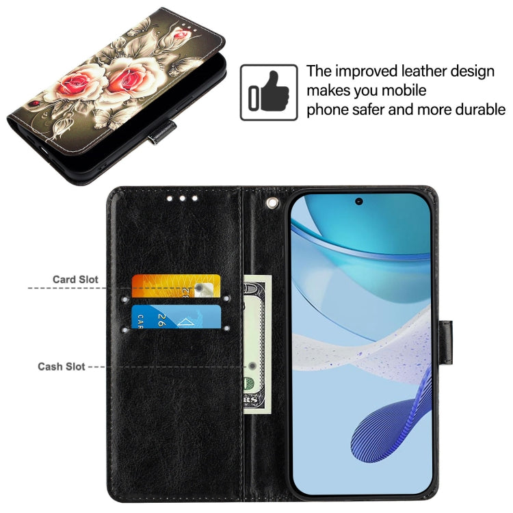 For Doogee N55 Plus Colored Drawing Pattern Plain Weave Leather Phone Case(Roses On Black) - More Brand by PMC TechLife | Online Shopping South Africa | PMC TechLife | Buy Now Pay Later Mobicred