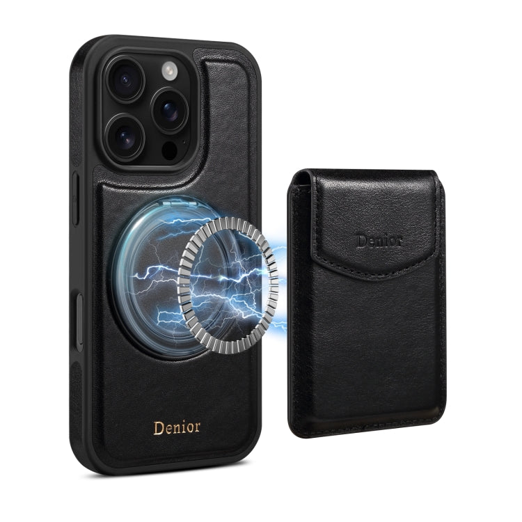 For iPhone 16 Pro Denior D22 Genuine Leather MagSafe Holder Detachable Card Slot Phone Case(Black) - iPhone 16 Pro Cases by Denior | Online Shopping South Africa | PMC Jewellery | Buy Now Pay Later Mobicred