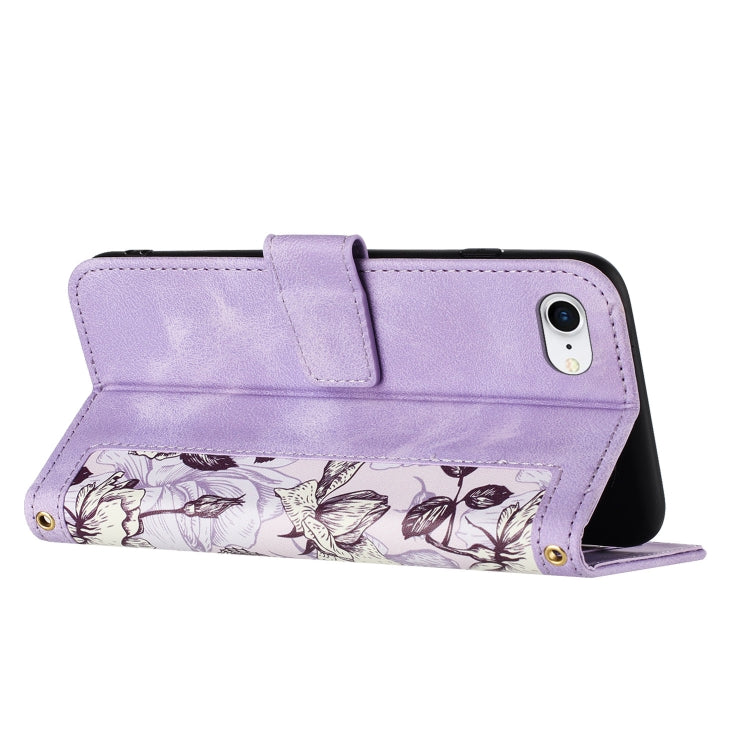 For iPhone 16e Floral Pattern Leather Phone Case with Lanyard(Light Purple) - iPhone 16e Cases by PMC TechLife | Online Shopping South Africa | PMC TechLife | Buy Now Pay Later Mobicred