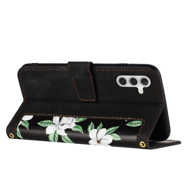 For Samsung Galaxy S25 5G Floral Pattern Leather Phone Case with Lanyard(Black) - Galaxy S25 5G Cases by PMC Jewellery | Online Shopping South Africa | PMC Jewellery | Buy Now Pay Later Mobicred