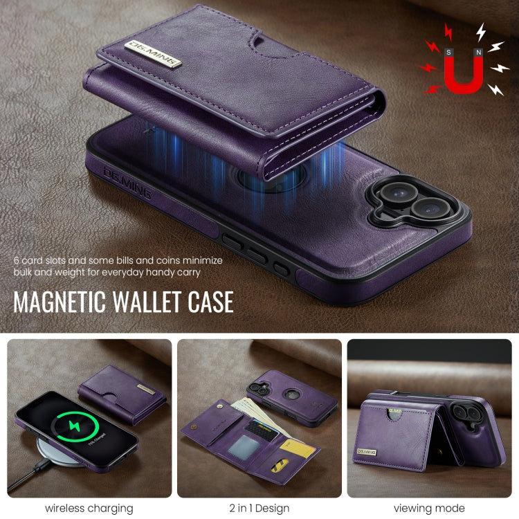 For iPhone 16 Plus DG.MING M6 Series RFID Tri-fold Card Bag Removable Leather Phone Case(Purple) - iPhone 16 Plus Cases by DG.MING | Online Shopping South Africa | PMC Jewellery | Buy Now Pay Later Mobicred