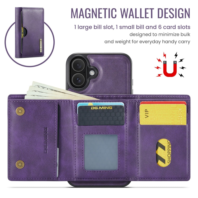 For iPhone 16 Plus DG.MING M6 Series RFID Tri-fold Card Bag Removable Leather Phone Case(Purple) - iPhone 16 Plus Cases by DG.MING | Online Shopping South Africa | PMC Jewellery | Buy Now Pay Later Mobicred