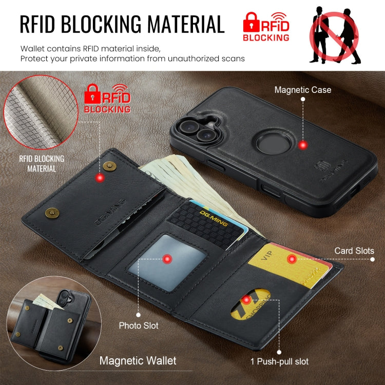 For iPhone 16 DG.MING M6 Series RFID Tri-fold Card Bag Removable Leather Phone Case(Black) - iPhone 16 Cases by DG.MING | Online Shopping South Africa | PMC Jewellery | Buy Now Pay Later Mobicred