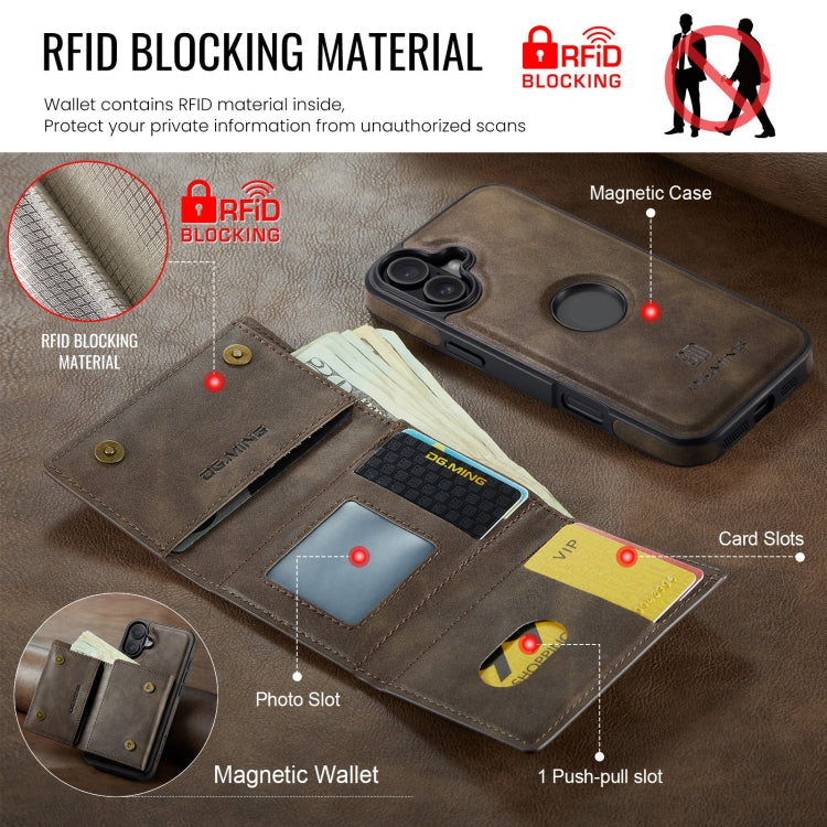 For iPhone 16 DG.MING M6 Series RFID Tri-fold Card Bag Removable Leather Phone Case(Coffee) - iPhone 16 Cases by DG.MING | Online Shopping South Africa | PMC Jewellery | Buy Now Pay Later Mobicred