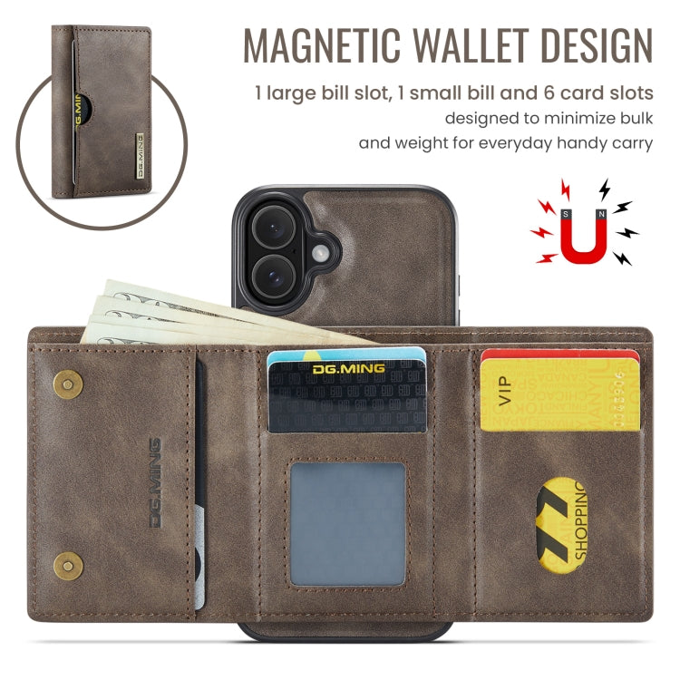 For iPhone 16 DG.MING M6 Series RFID Tri-fold Card Bag Removable Leather Phone Case(Coffee) - iPhone 16 Cases by DG.MING | Online Shopping South Africa | PMC Jewellery | Buy Now Pay Later Mobicred