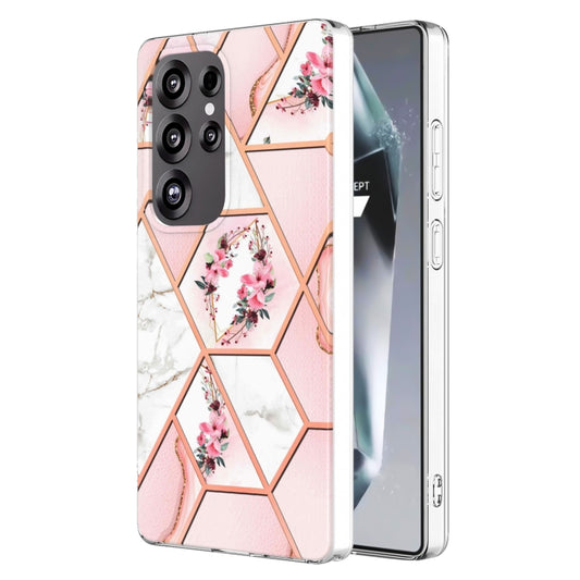 For Samsung Galaxy S25 Ultra 5G Splicing Marble Flower IMD TPU Phone Case(Pink Flower) - Galaxy S25 Ultra 5G Cases by PMC Jewellery | Online Shopping South Africa | PMC Jewellery | Buy Now Pay Later Mobicred