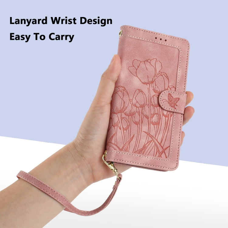 For iPhone 16e Tulips Embossed Leather Phone Case with Lanyard(Pink) - iPhone 16e Cases by PMC TechLife | Online Shopping South Africa | PMC TechLife | Buy Now Pay Later Mobicred