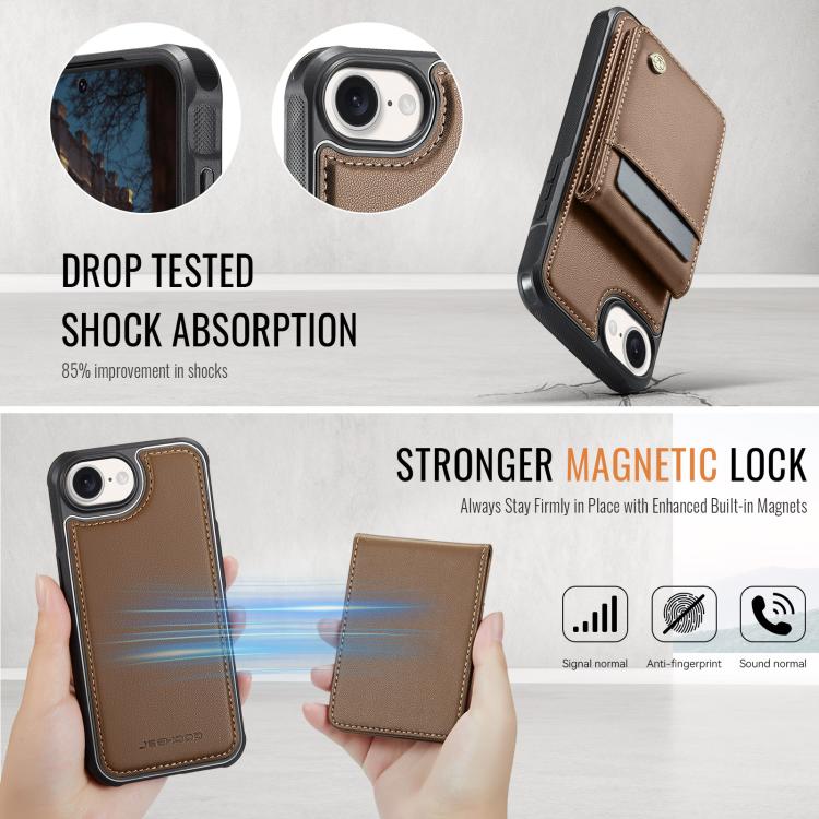 For iPhone 16e JEEHOOD J06 British Style RFID MagSafe Card Bag PU Phone Case(Brown) - free shipping - PMc TechLife - Order now!