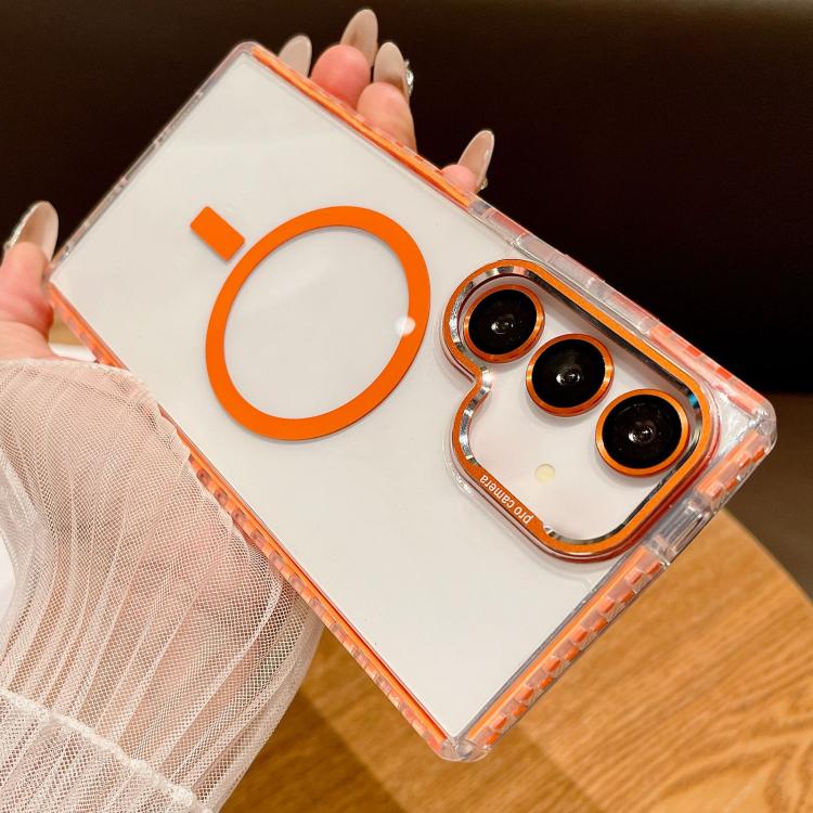 For Samsung Galaxy S25+ 5G Transparent MagSafe Phone Case with Lens Film(Orange) - Galaxy S25+ 5G Cases by PMC Jewellery | Online Shopping South Africa | PMC Jewellery | Buy Now Pay Later Mobicred