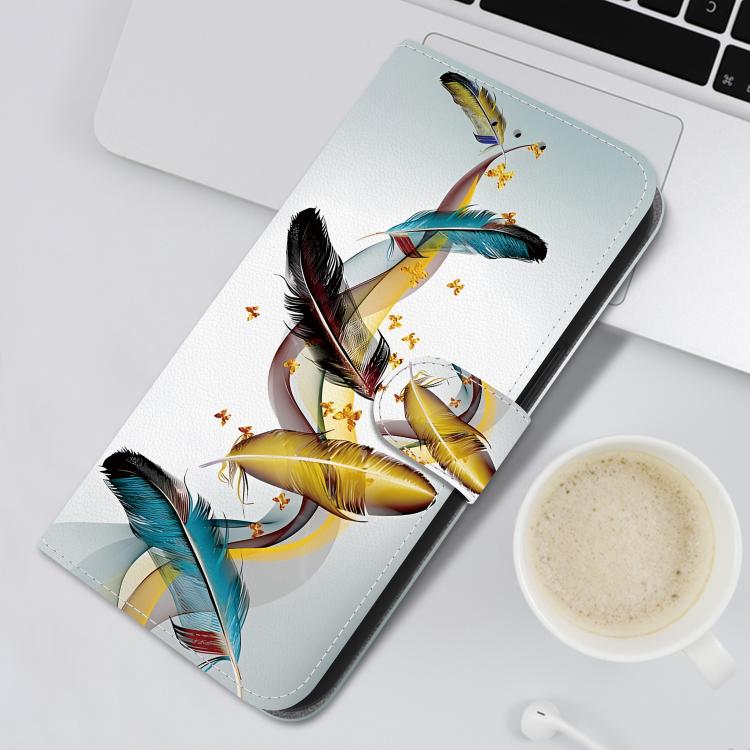 For iPhone 16e Crystal Texture Colored Drawing Leather Phone Case(Gold Butterfly Feathers) - iPhone 16e Cases by PMC TechLife | Online Shopping South Africa | PMC TechLife | Buy Now Pay Later Mobicred