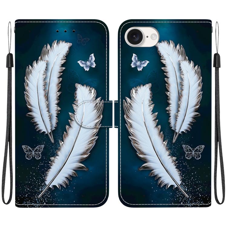 For iPhone 16e Crystal Texture Colored Drawing Leather Phone Case(White Butterfly Feathers) - iPhone 16e Cases by PMC TechLife | Online Shopping South Africa | PMC TechLife | Buy Now Pay Later Mobicred