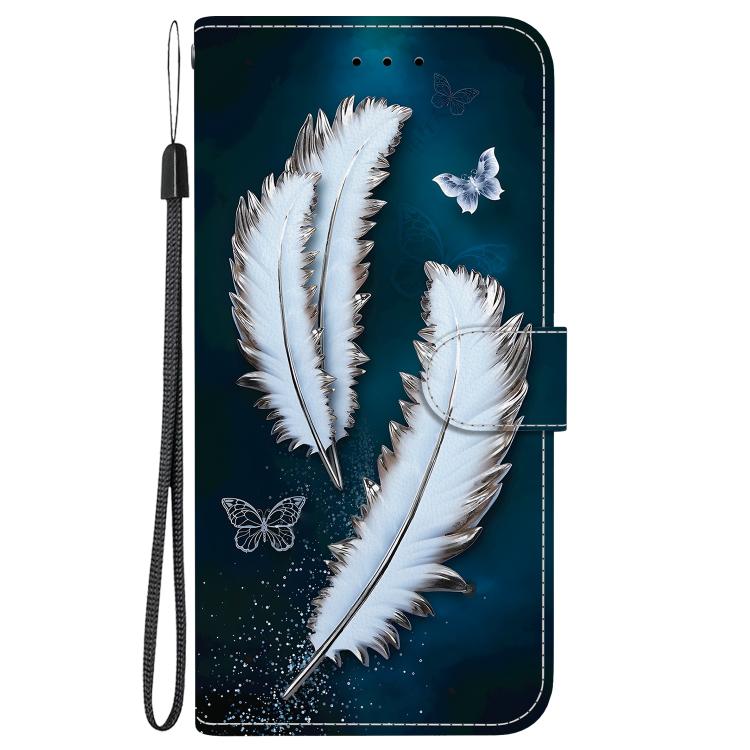 For iPhone 16e Crystal Texture Colored Drawing Leather Phone Case(White Butterfly Feathers) - iPhone 16e Cases by PMC TechLife | Online Shopping South Africa | PMC TechLife | Buy Now Pay Later Mobicred