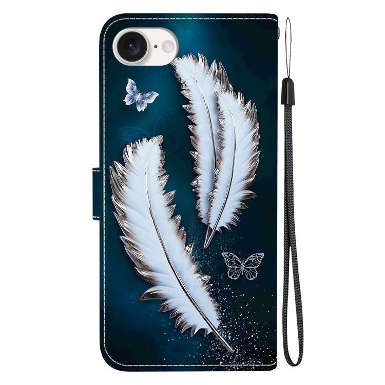 For iPhone 16e Crystal Texture Colored Drawing Leather Phone Case(White Butterfly Feathers) - iPhone 16e Cases by PMC TechLife | Online Shopping South Africa | PMC TechLife | Buy Now Pay Later Mobicred