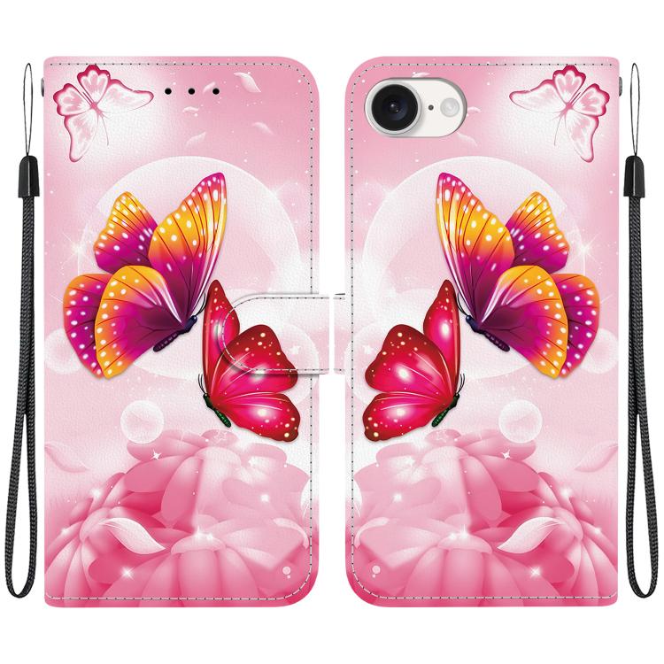 For iPhone 16e Crystal Texture Colored Drawing Leather Phone Case(Pink Butterflies) - iPhone 16e Cases by PMC TechLife | Online Shopping South Africa | PMC TechLife | Buy Now Pay Later Mobicred