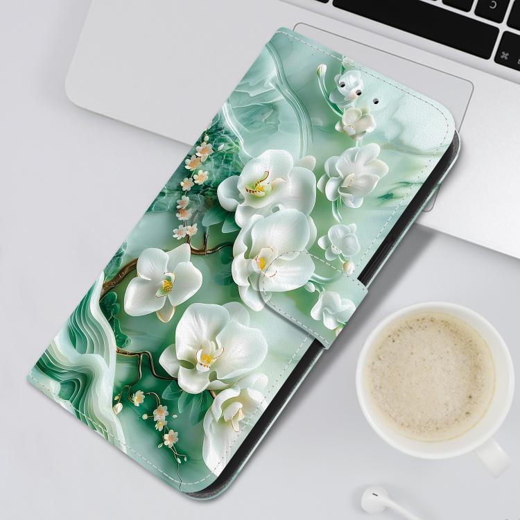 For iPhone 16e Crystal Texture Colored Drawing Leather Phone Case(Jade Flowers) - iPhone 16e Cases by PMC TechLife | Online Shopping South Africa | PMC TechLife | Buy Now Pay Later Mobicred
