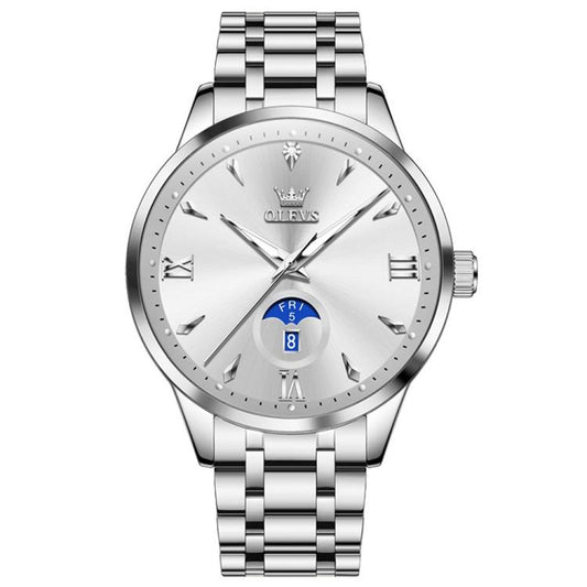 OLEVS 3646 Men Multifunctional Moon Phase Stone Waterproof Quartz Watch(White) - Metal Strap Watches by OLEVS | Online Shopping South Africa | PMC Jewellery | Buy Now Pay Later Mobicred