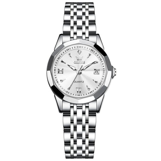 OLEVS 9998 Women Diamond Face Dual Calendar Waterproof Quartz Watch(White + Silver) - Metal Strap Watches by OLEVS | Online Shopping South Africa | PMC Jewellery | Buy Now Pay Later Mobicred