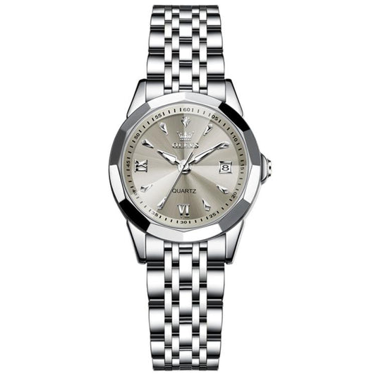 OLEVS 9998 Women Diamond Face Dual Calendar Waterproof Quartz Watch(Grey + Silver) - Metal Strap Watches by OLEVS | Online Shopping South Africa | PMC Jewellery | Buy Now Pay Later Mobicred