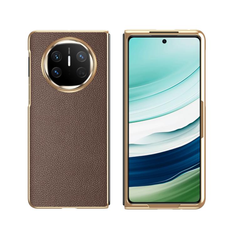 For Huawei Mate X6 Electroplated Litchi Pattern Phone Leather Case with Glass Lens(Coffee) - Huawei Cases by PMC TechLife | Online Shopping South Africa | PMC TechLife | Buy Now Pay Later Mobicred