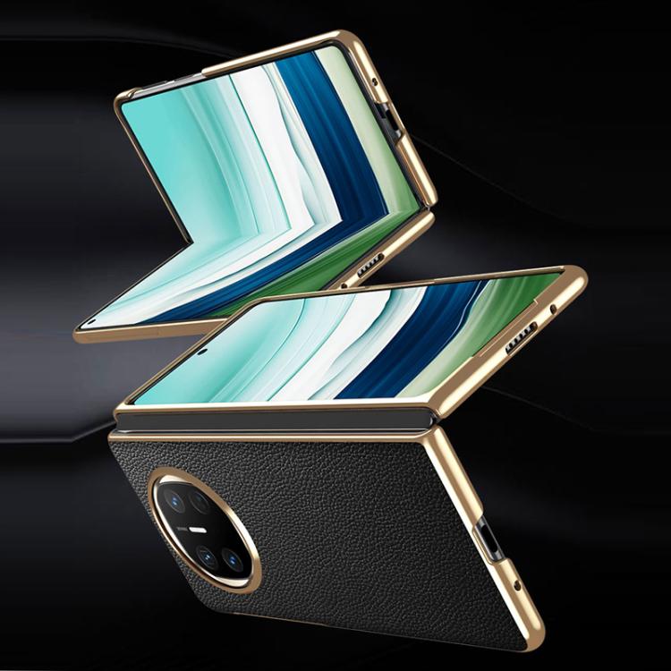 For Huawei Mate X6 Electroplated Litchi Pattern Phone Leather Case with Glass Lens(Coffee) - Huawei Cases by PMC TechLife | Online Shopping South Africa | PMC TechLife | Buy Now Pay Later Mobicred
