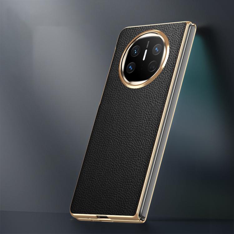 For Huawei Mate X6 Electroplated Litchi Pattern Phone Leather Case with Glass Lens(Coffee) - Huawei Cases by PMC TechLife | Online Shopping South Africa | PMC TechLife | Buy Now Pay Later Mobicred