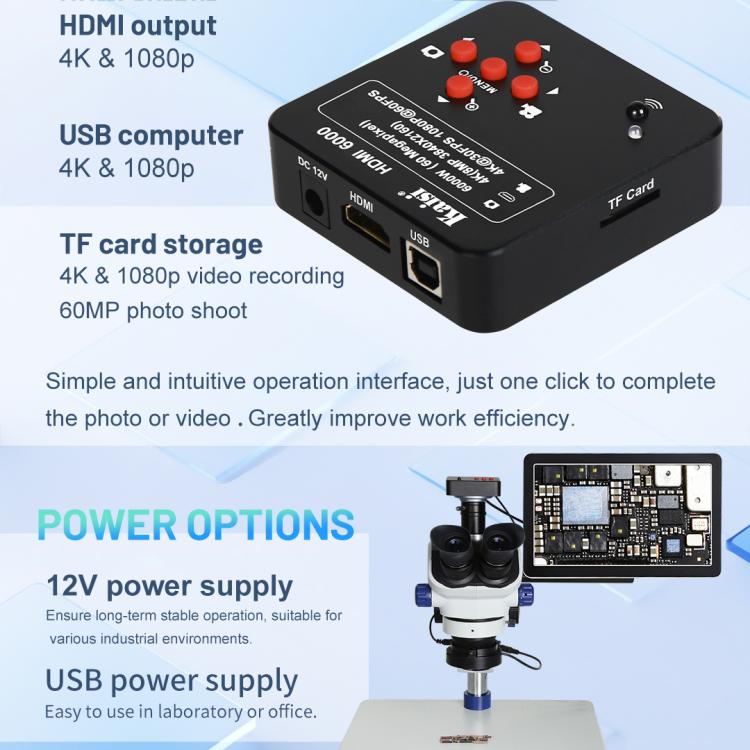 Kaisi HDMI 6000 HDMI / USB Dual Interface 60MP 4K Ultra HD Microscope Industrial Camera, Plug:EU Plug - free shipping - PMC TechLife - Order now!