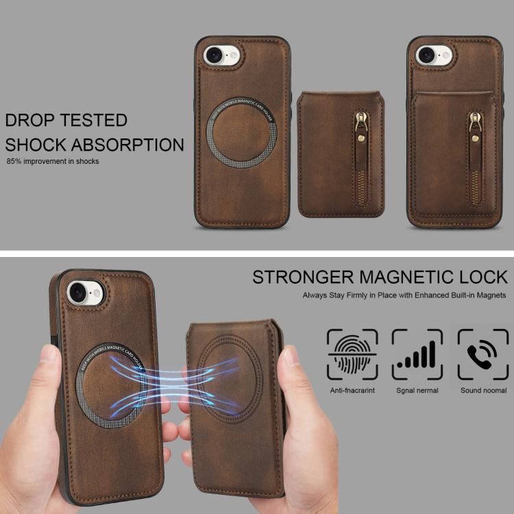 For iPhone 16e Zipper Wallet Split MagSafe Leather Back Phone Case(Brown) - iPhone 16e Cases by PMC TechLife | Online Shopping South Africa | PMC TechLife | Buy Now Pay Later Mobicred