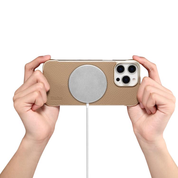 For iPhone 16 Pro Denior A20 Genuine Leather Litchi Texture MagSafe Frameless Phone Case(Khaki) - free shipping - PMc TechLife - Order now!